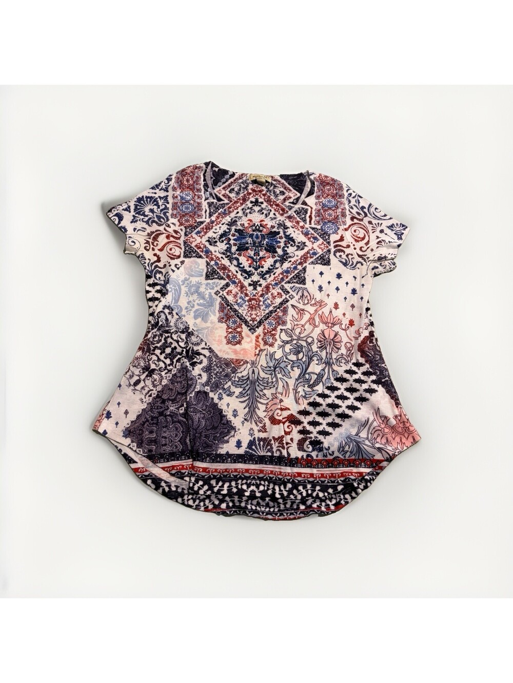 One World Blouse M Patchwork Print Boho Eclectic Artsy Maximalist Festival Folk